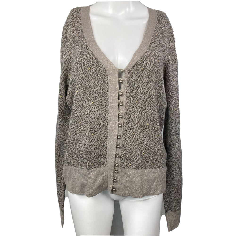 VTG Dorothee Bis Cardigan Womens Sz XL Taupe Gray‎ Bead Cotton Button Up Sweater